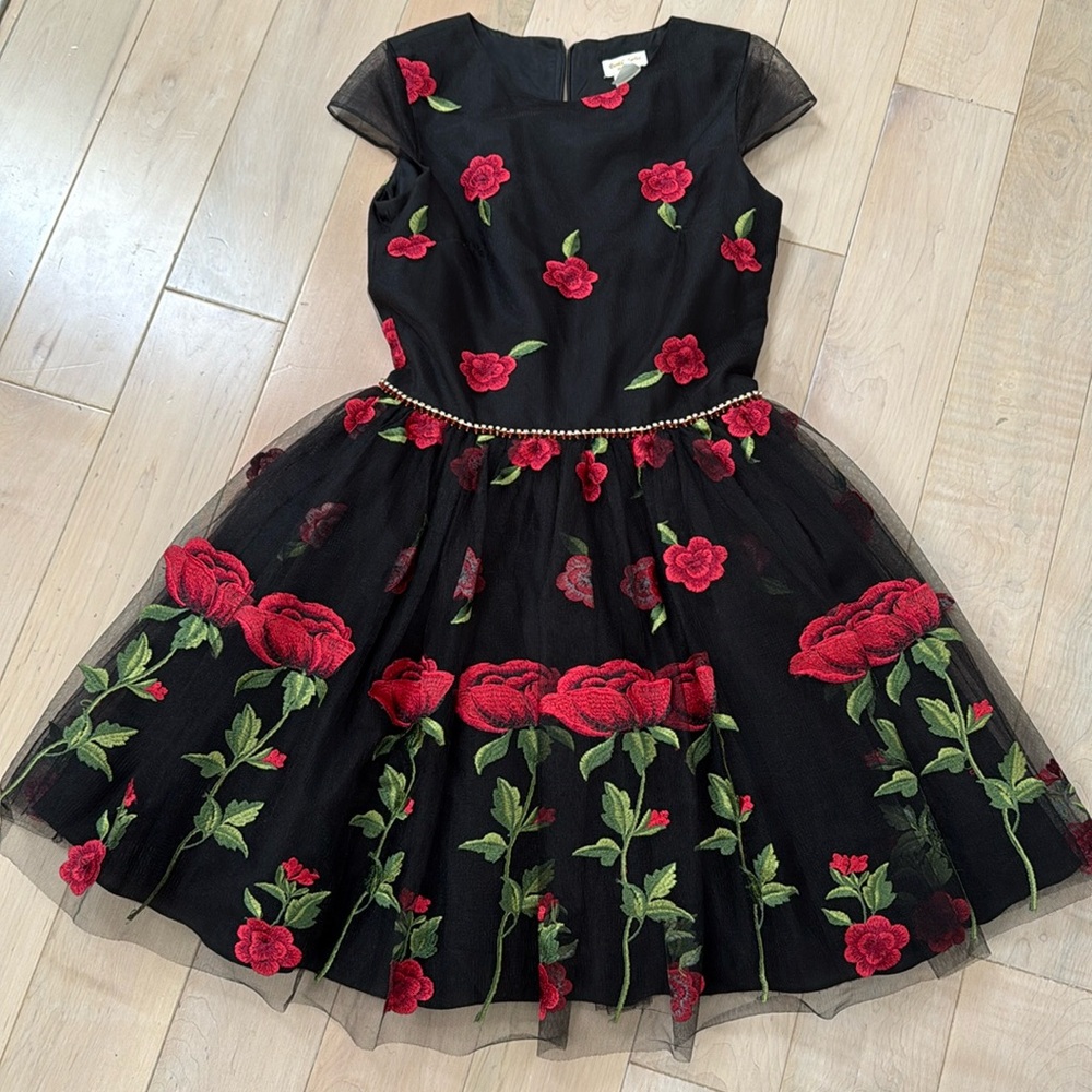 David Charles embroidered red roses jewels embellished belt bow back dress
